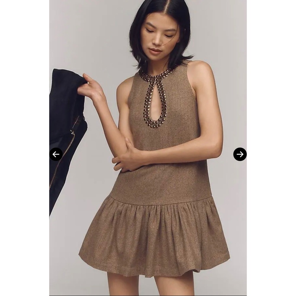 Anthropologie Beaded Keyhole Herringbone Mini Dress Brown Small NWT